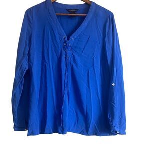 Investment Blue Lace Up V-Neck Long Sleeve Blouse Top